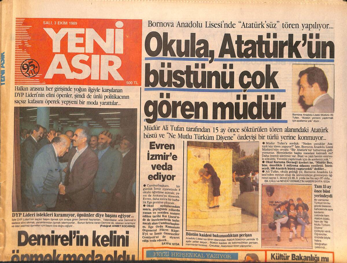 Yeni Asır Gazetesi 3 Ekim 1989 - Demirel'in Kelini Öpmek Moda Oldu - Galatasaray, Tanju Gözden Çıkardı GZ134784 - 1