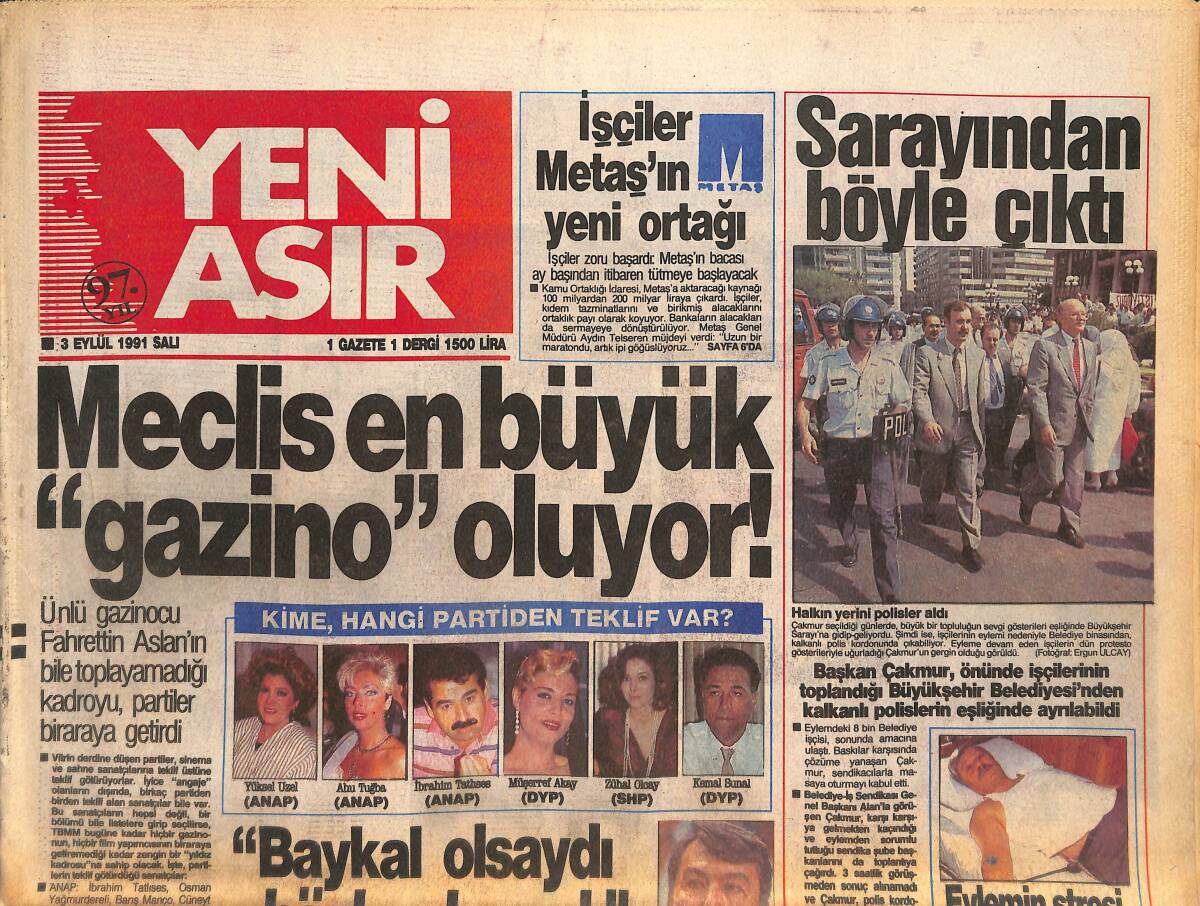 Yeni Asır Gazetesi 3 Eylül 1991 - Başkan Çakmur Büyükşehir Belediyesinden Polislerin Eşliğiyle Ayrılabildi - Fener Tarihinin En Büyük Yenilgisini Aldı GZ132310 - 1