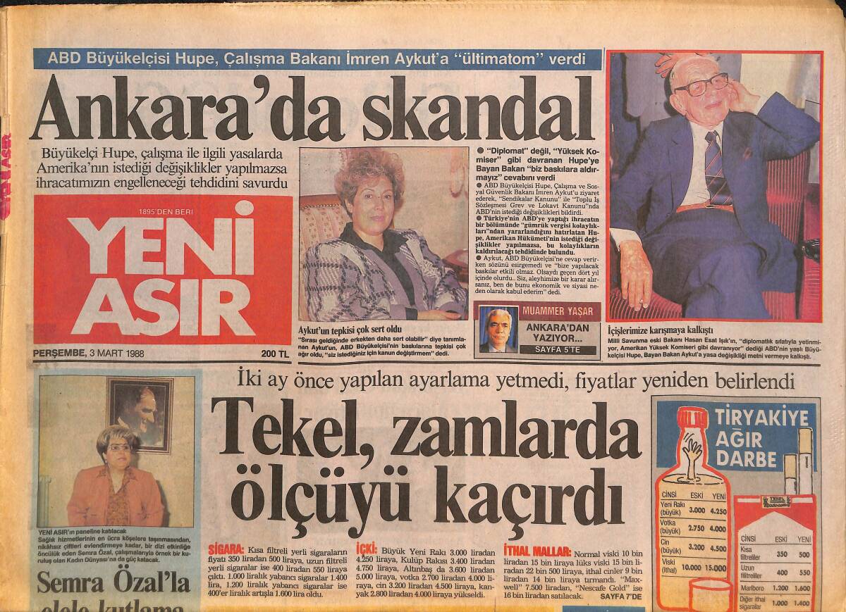 Yeni Asır Gazetesi 3 Mart 1988 - Erdal İnönü , SHP'den 35 Milyon Lira Alacaklı - Galatasaray Platini İle Metin'in Peşinde GZ133760 - 1