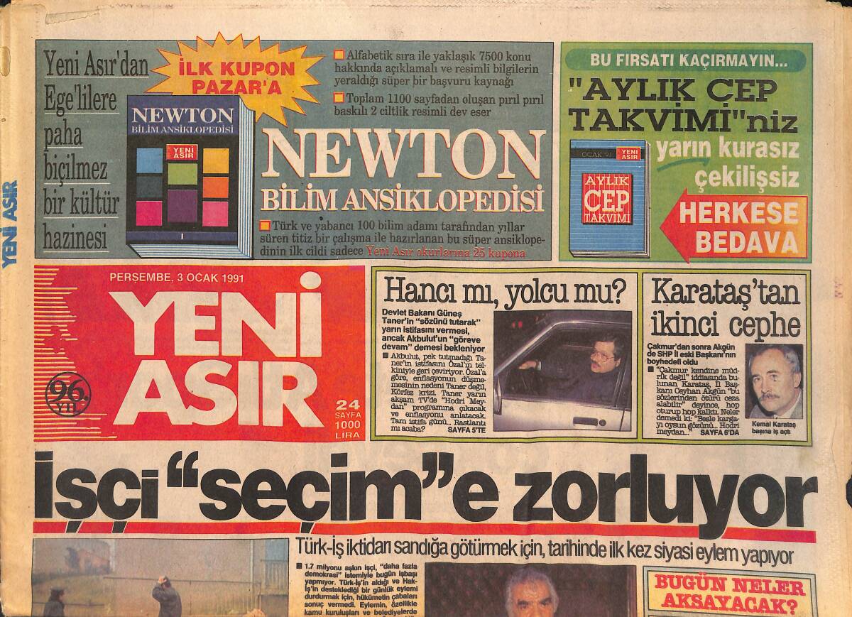 Yeni Asır Gazetesi 3 Ocak 1991 - Körfez'de En Kritik Gün - Karataş'tan İkinci Cephe GZ132066 - 1