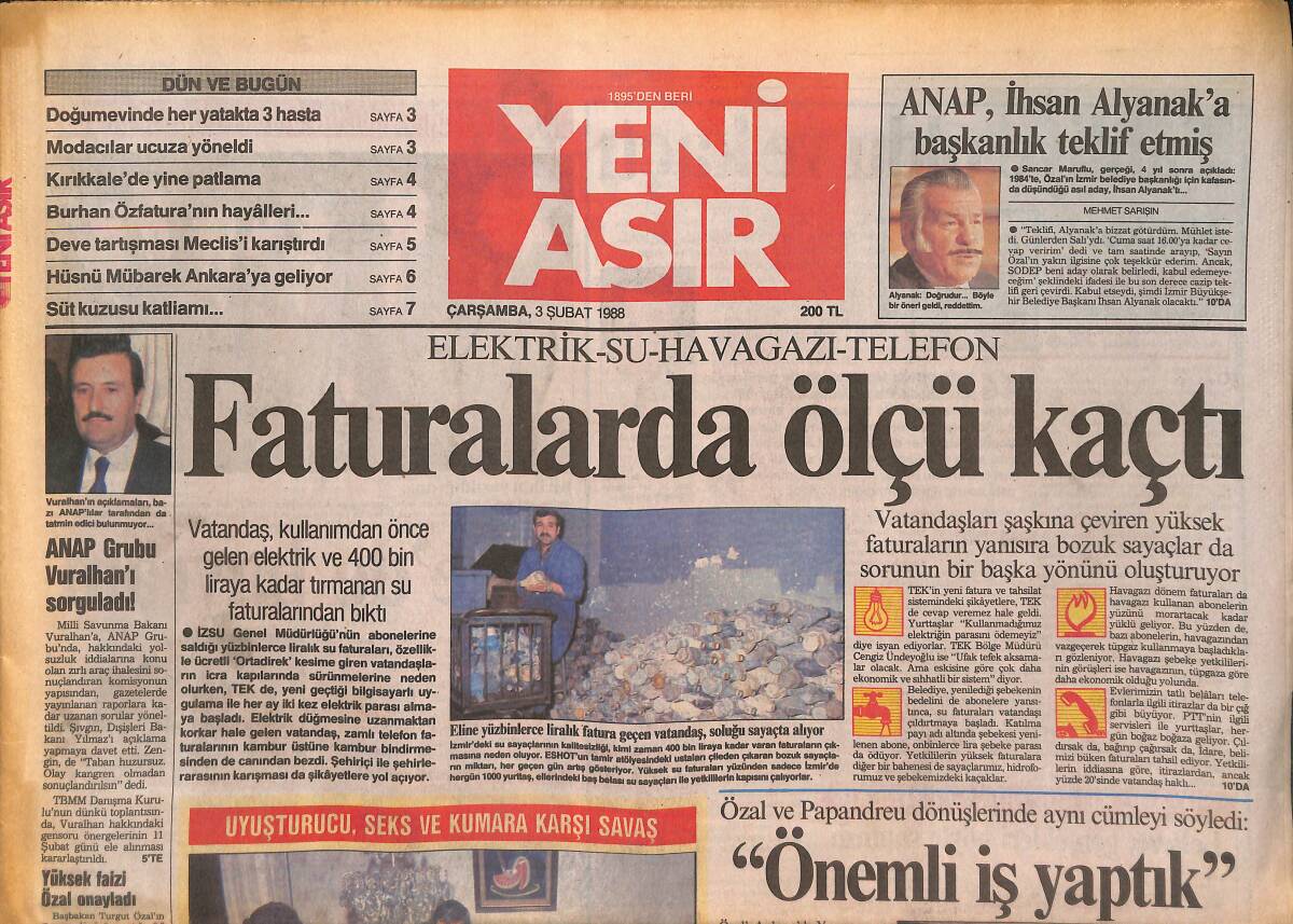Yeni Asır Gazetesi 3 Şubat 1988 - Fenerbahçe Yeniçeri Ocağına Döndü - ANAP , İhsan Alyanak'a Başkanlık Teklif Etmiş GZ133740 - 1