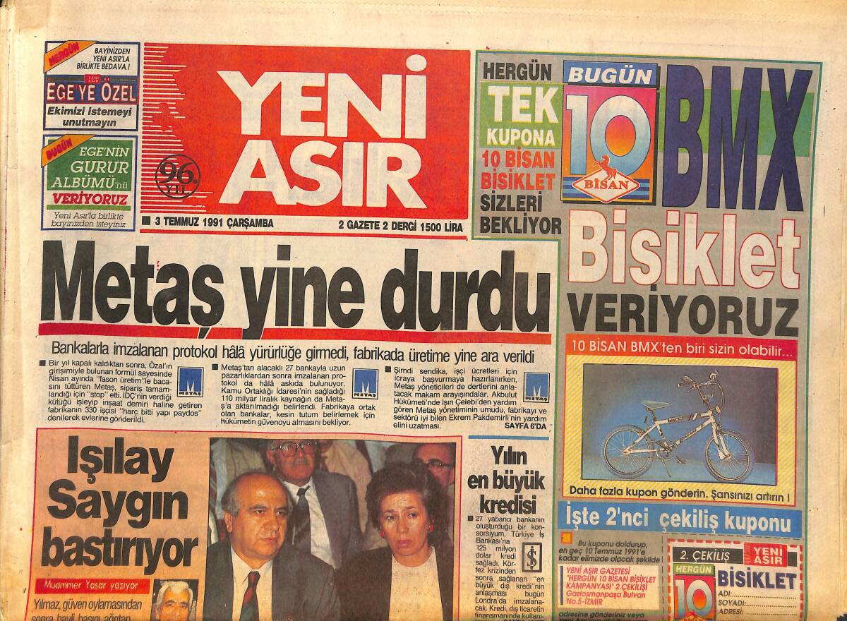 Yeni Asır Gazetesi 3 Temmuz 1991 - Dünya Naim Süleymanoğlu'nu Konuşuyor - İnönücüler Şoka Girdi GZ132095 - 1