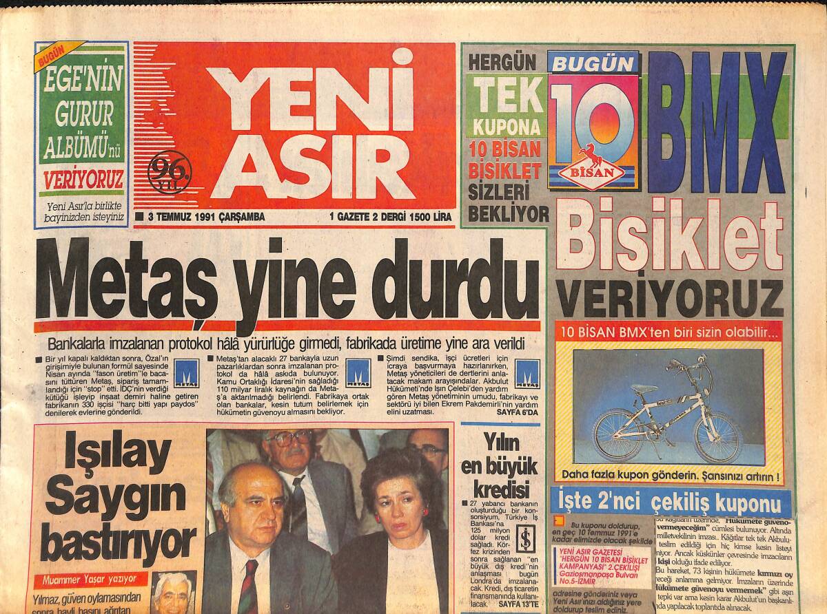 Yeni Asır Gazetesi 3 Temmuz 1991 - Dünya Naim Süleymanoğlu'nu Konuşuyor - İnönücüler Şoka Girdi GZ132136 - 1