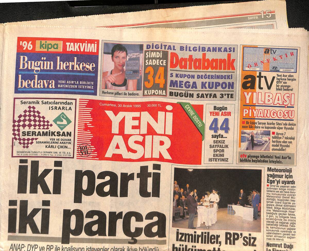Yeni Asır Gazetesi 30 Aralık 1995 - İzmirliler , RP'siz Hükümette Israrlı - Yüzbaşı Oğuz Kral Eskişehir'e Döndü GZ133715 - 1