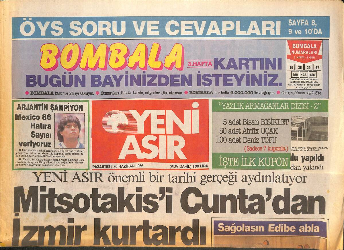 Yeni Asır Gazetesi 30 Haziran 1986 - Hastane İçin YÖK Soruşturması - Mitsotakis'i Cunta'dan İzmir Kurtardı GZ132131 - 1
