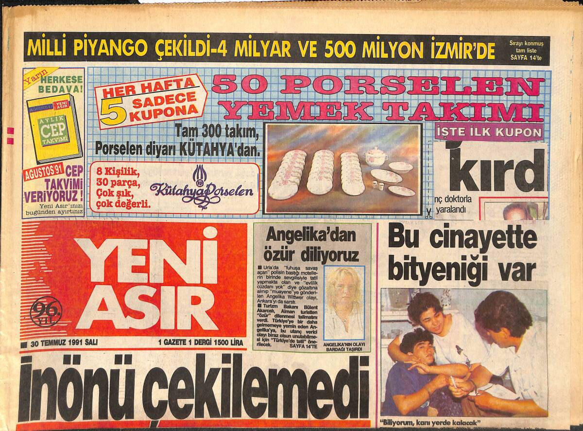 Yeni Asır Gazetesi 30 Temmuz 1991 - Deniz Baykal'ı İzmirliler Yaktı - Angelika'dan Özür Diliyoruz GZ133731 - 1