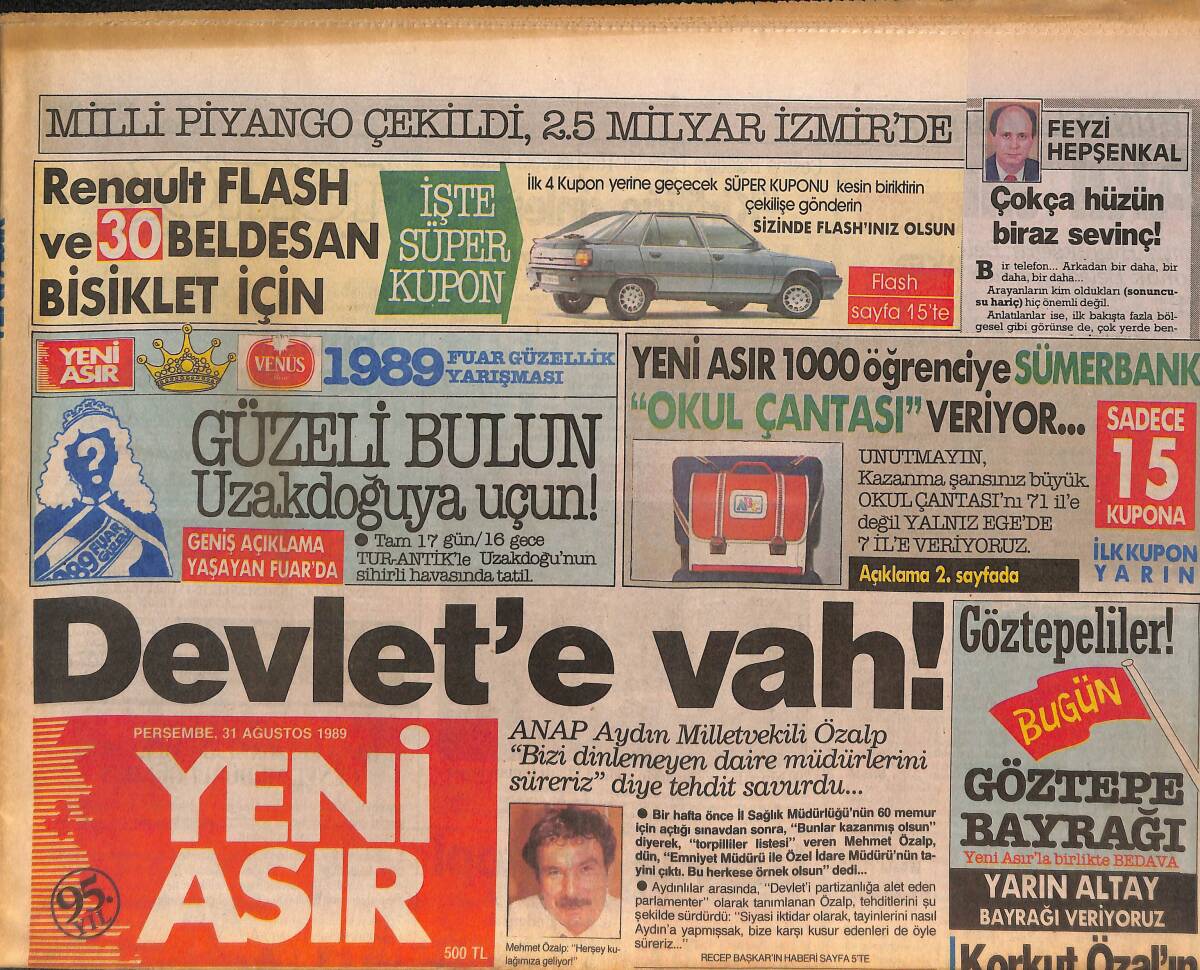 Yeni Asır Gazetesi 31 Ağustos 1989 - Fuar Ekici Över : Bülent Ersoy, İbrahim Tatlıses, Nilüfer, Kayahan, Muazzez Abacı, Emrah, Ahmet Kaya, Ahu Tuğba GZ132169 - 1