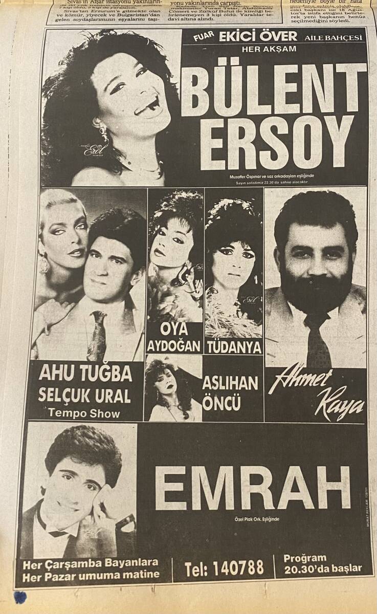 Yeni Asır Gazetesi 31 Ağustos 1989 - Fuar Ekici Över : Bülent Ersoy, İbrahim Tatlıses, Nilüfer, Kayahan, Muazzez Abacı, Emrah, Ahmet Kaya, Ahu Tuğba GZ132169 - 2