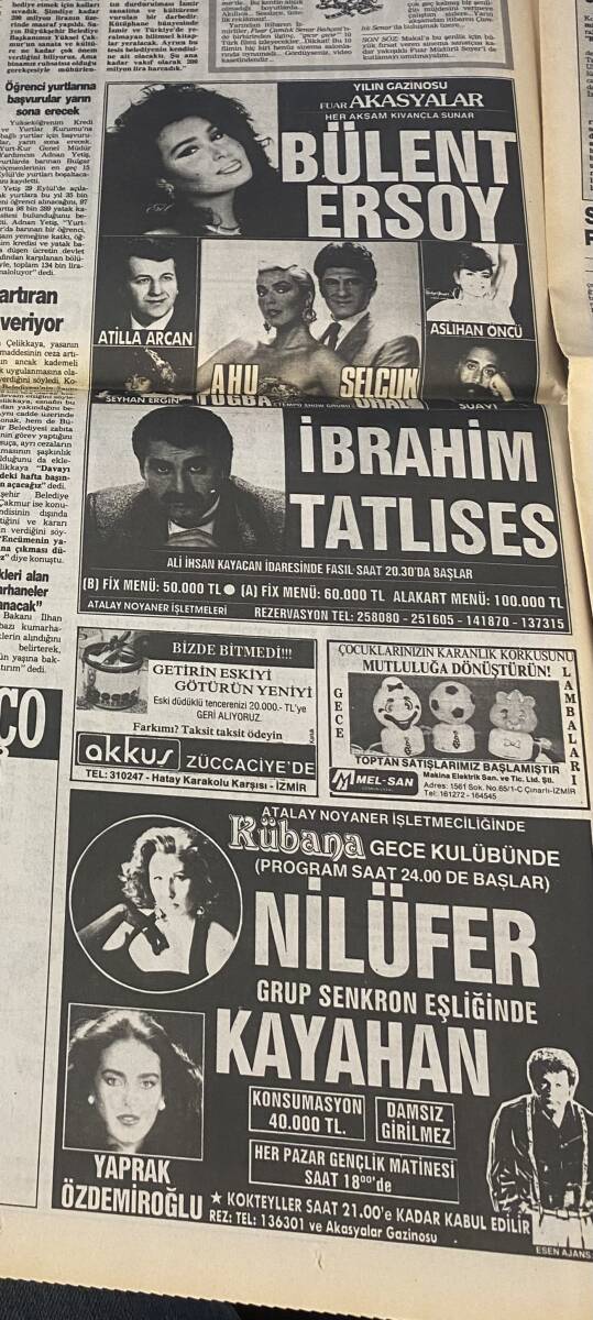 Yeni Asır Gazetesi 31 Ağustos 1989 - Fuar Ekici Över : Bülent Ersoy, İbrahim Tatlıses, Nilüfer, Kayahan, Muazzez Abacı, Emrah, Ahmet Kaya, Ahu Tuğba GZ132169 - 3