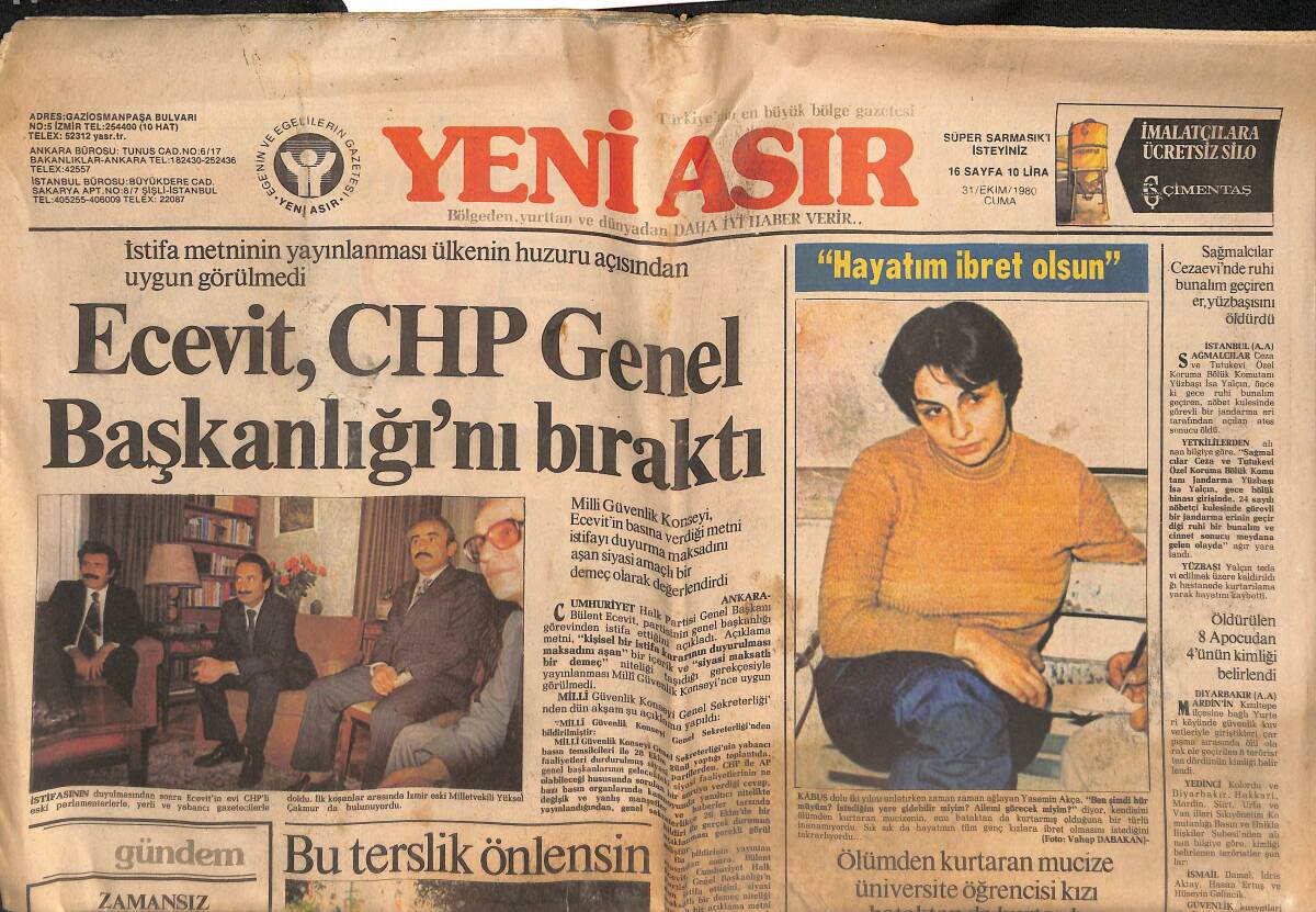 Yeni Asır Gazetesi 31 Ekim 1980 - Ecevit , CHP Genel Başkanlığı'nı Bıraktı - Üç Türk İtalya'da Hüküm Giydi GZ133837 - 1