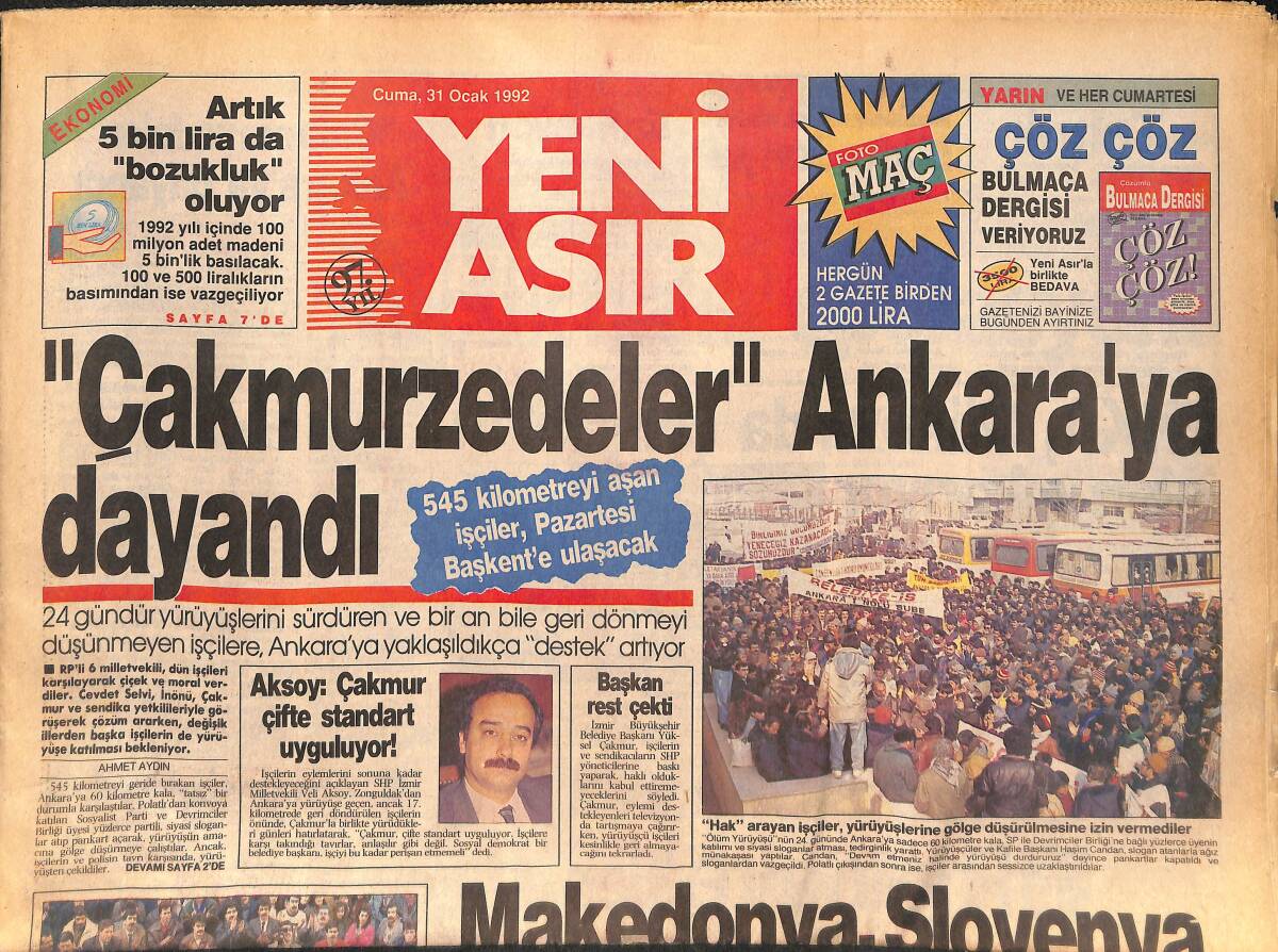 Yeni Asır Gazetesi 31 Ocak 1992 - 24 Gündür Yürüyüş Yapan İşçiler Ankara'ya Yaklaştı - Elizabeth'in İngiltere Tahtında 40. Yılı GZ132270 - 1
