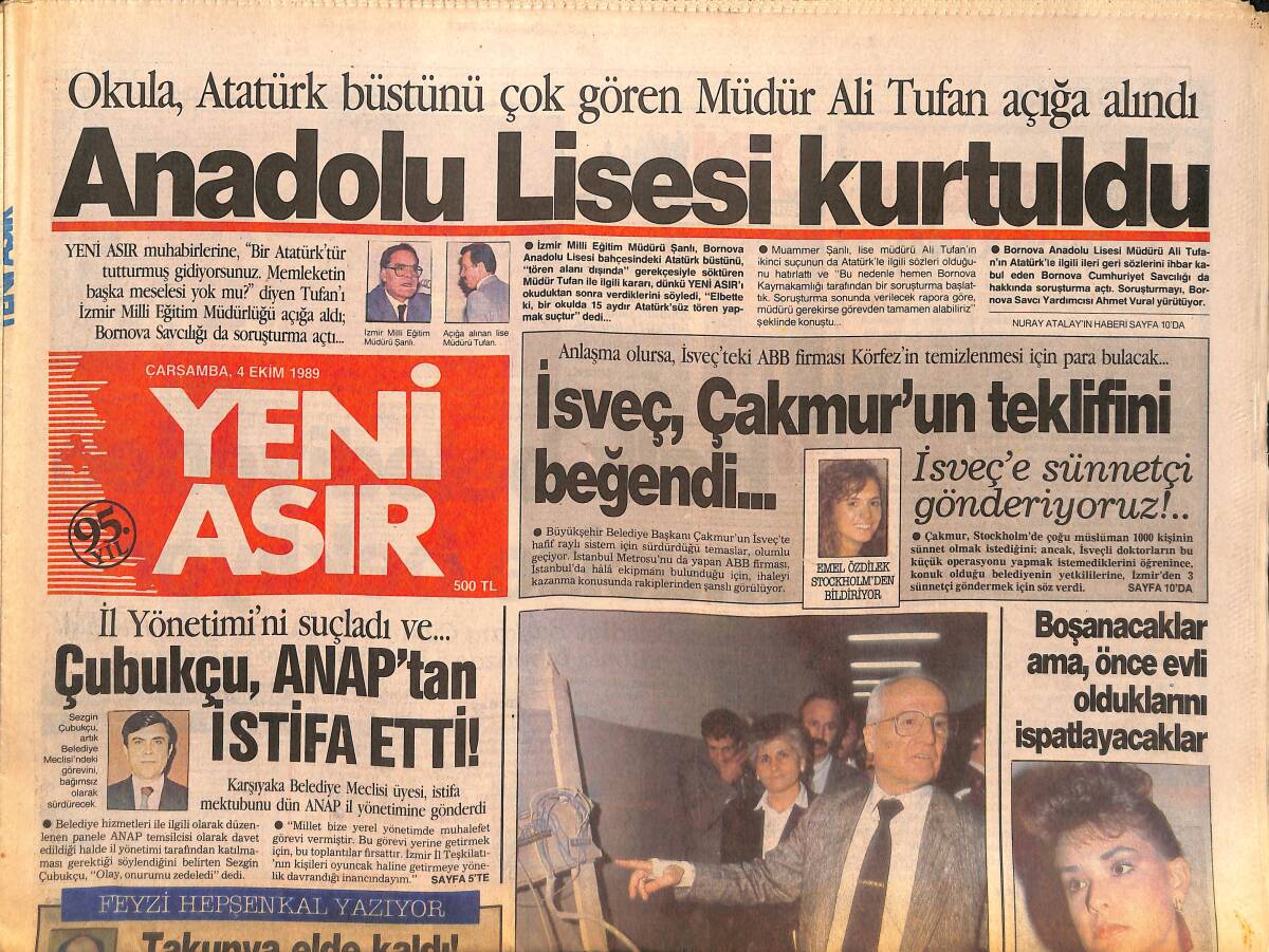 Yeni Asır Gazetesi 4 Ekim 1989 - Tanju'nun Aşkı Hülya Avşar'a Parlamenter Çengeli - İsveç, Çakmur'un Teklifini Beğendi GZ134783 - 1