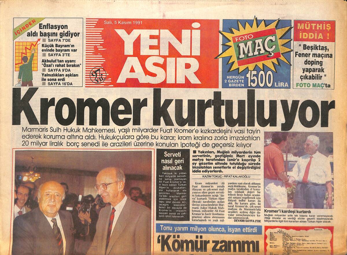 Yeni Asır Gazetesi 5 Kasım 1991 - İzmir , Kuzey'e Doğru Kayıyor - Mark , 3 Bin Lirayı Aştı GZ131501 - 1