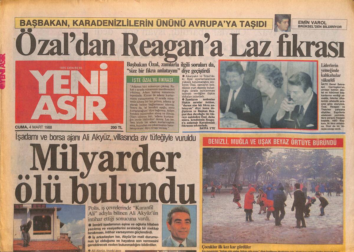 Yeni Asır Gazetesi 4 Mart 1988 - Özal'dan Reagan'a Laz Fıkrası - Ege Kar Altında GZ133761 - 1