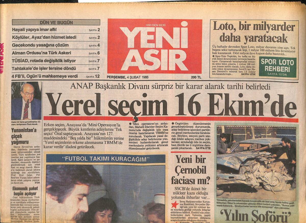 Yeni Asır Gazetesi 4 Şubat 1988 - Tarık Akan'ın İkizleri Oldu - ANAP Kumara Savaş Açıyor GZ133739 - 1