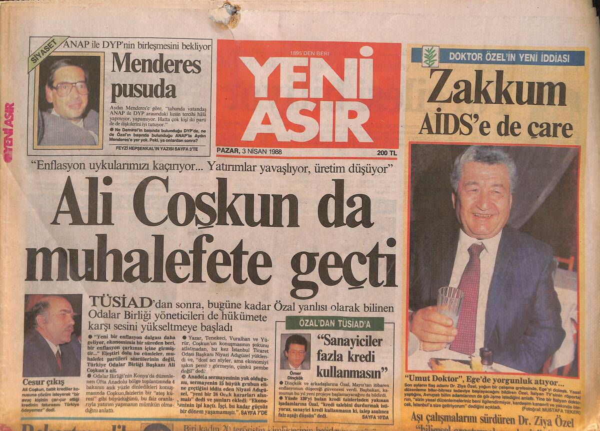 Yeni Asır Gazetesi 3 Nisan 1988 - Altay , Milyarlık Sarıyer Önünde - Ali Coşkun da Muhalefete Geçti GZ131506 - 1
