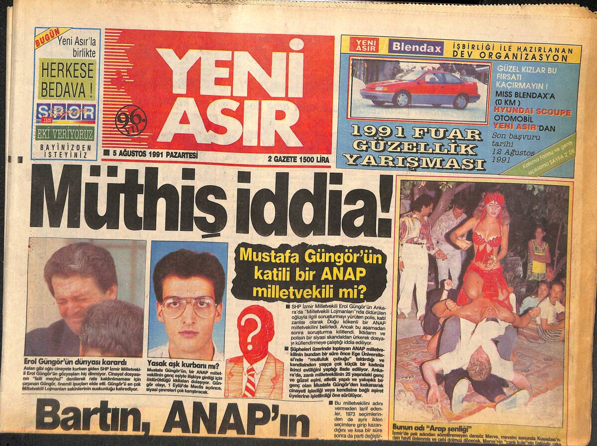 Yeni Asır Gazetesi 5 Ağustos 1991 - Mustafa Güngör'ün Katili Bir ANAP Milletvekili Mi ? - Turizm , Nefes Almaya Başladı GZ133682 - 1