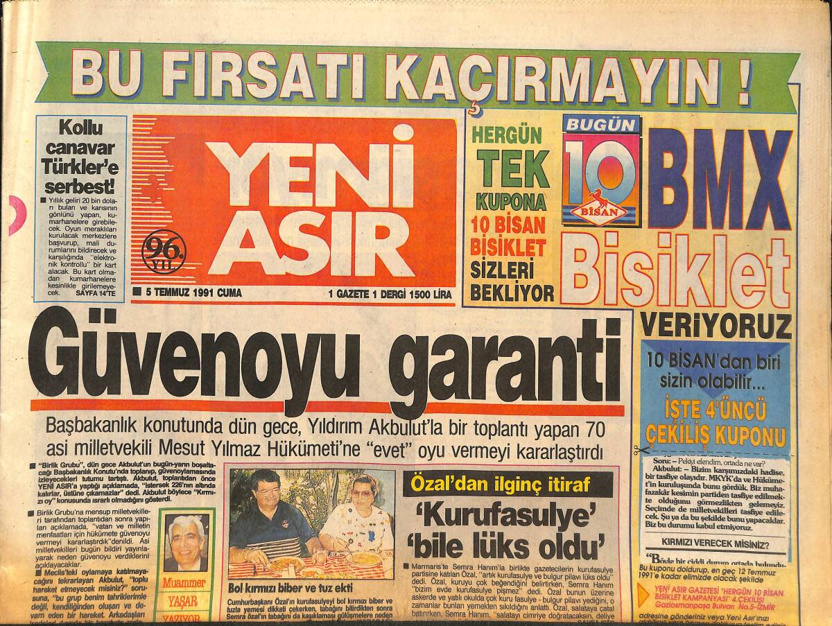 Yeni Asır Gazetesi 5 Temmuz 1991 - Brigitte'nin Göğüsleri Çatladı - Ege Sanayiinde Bir Deprem Daha GZ132096 - 1
