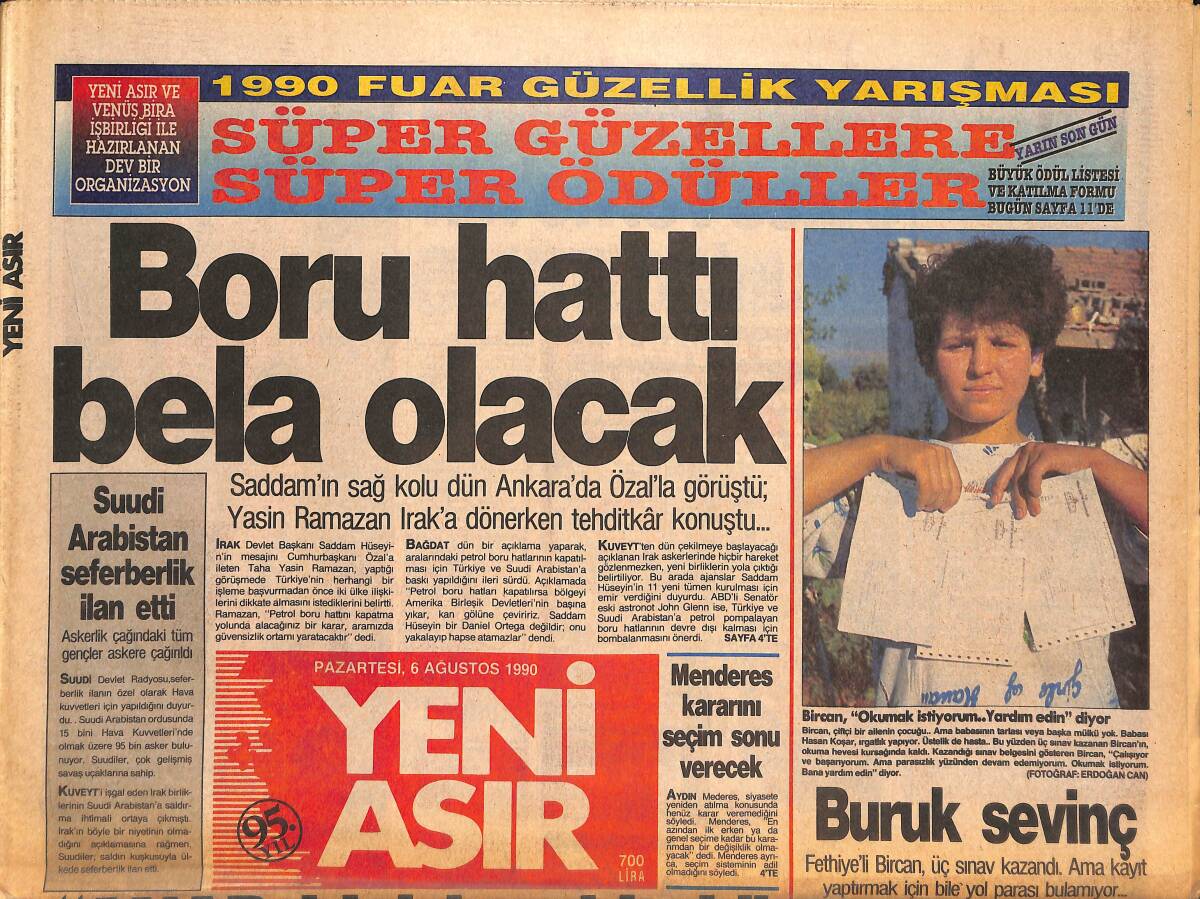 Yeni Asır Gazetesi 6 Ağustos 1990 - Saddam'ın Sağ Kolu Dün Ankara'da Özal'la Görüştü GZ133468 - 1