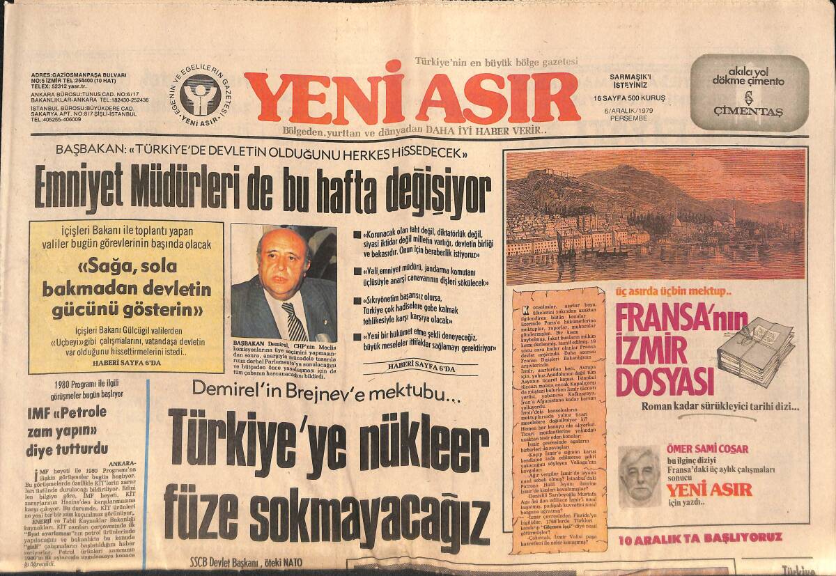 Yeni Asır Gazetesi 6 Aralık 1979 - Demirel'in Brejnev'e Mektubu 
