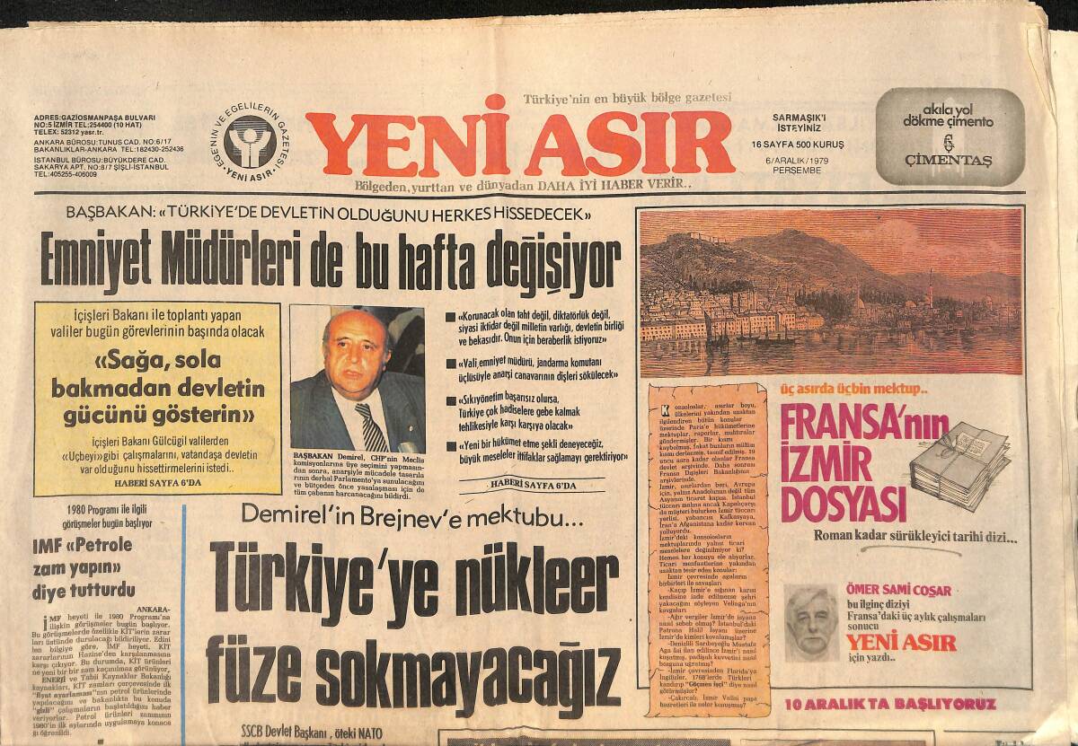 Yeni Asır Gazetesi 6 Aralık 1979 - MHP Parti Müfettişi Hüseyin Cahit Aküzüm Ankara'da Öldürüldü - Karşıyakalı Bedriye Dinçer Arabistan'da Kayboldu GZ132309 - 1