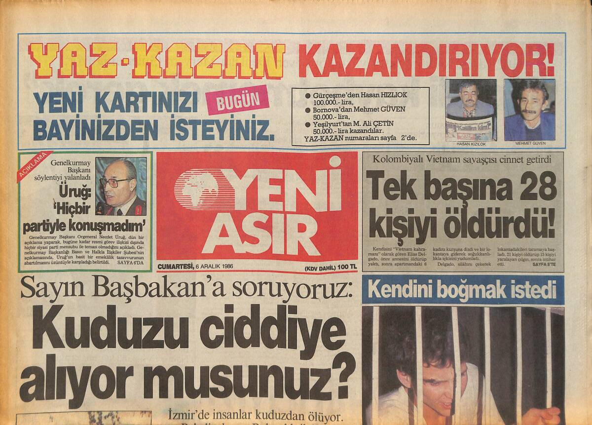 Yeni Asır Gazetesi 6 Aralık 1986 - Maradona , Tottenham'a Kaçmaya Karar Verdi - Semra Özal'a Övgü GZ132126 - 1