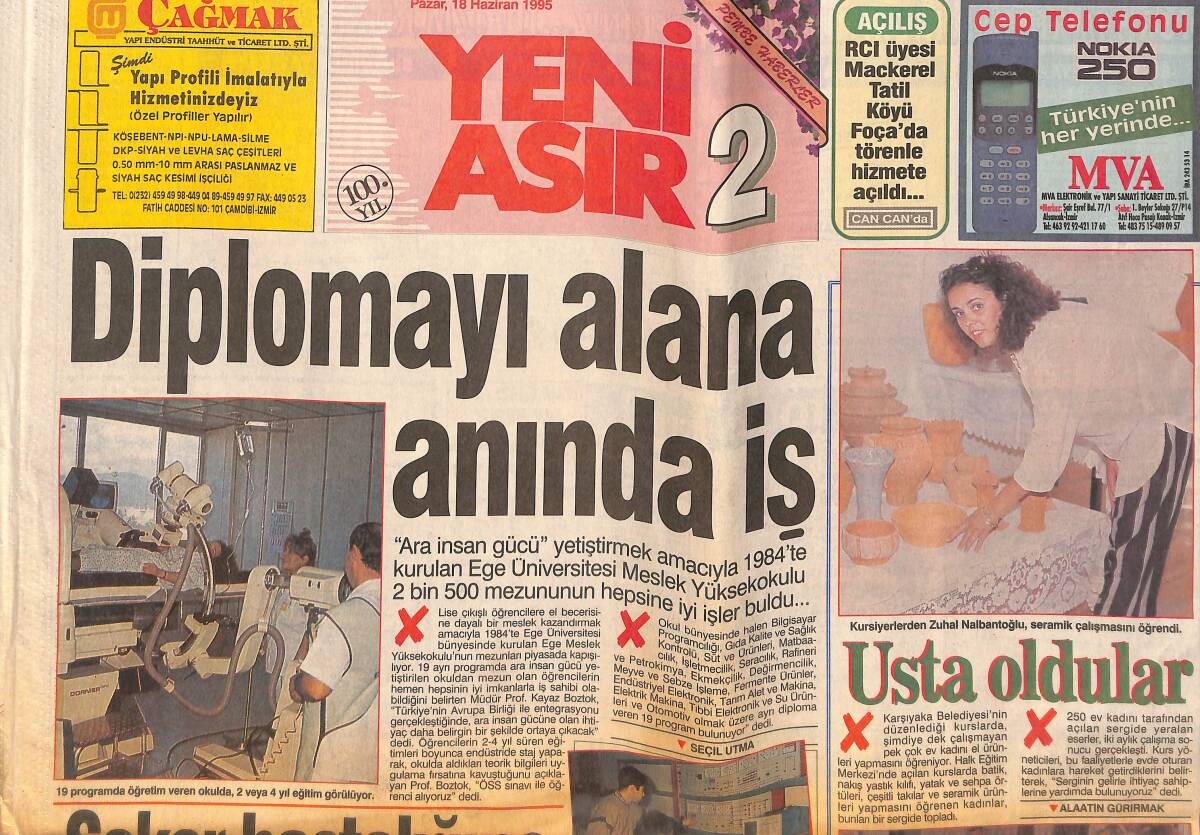 Yeni Asır Gazetesi 18 Haziran 1995 - Şeker Hastalığına Karşı Yeni Bir Umut - Ege Üniversitesinden Diplomayı Alana Anında İş GZ132205 - 1