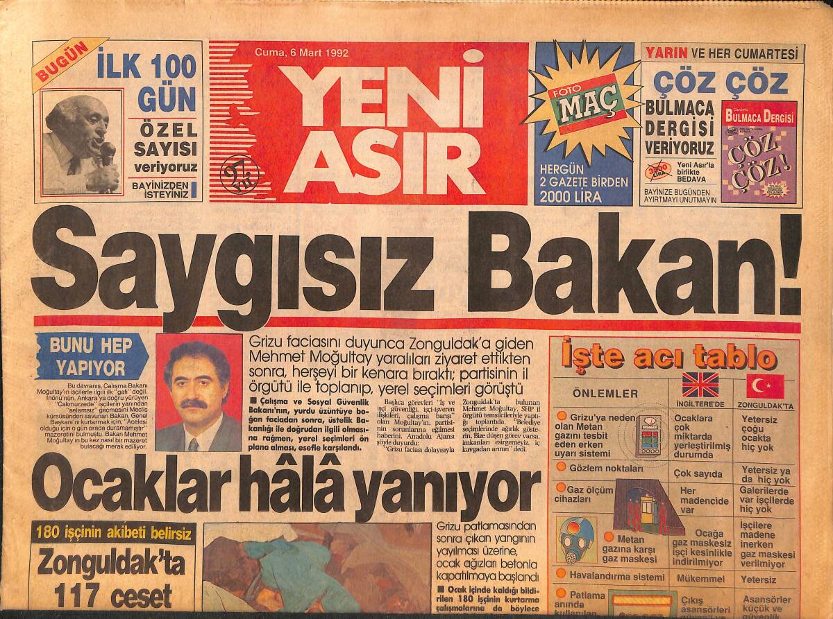 Yeni Asır Gazetesi 6 Mart 1992 - Yunan Devriyesi Ege'de,Türk Kaptanı Öldürdü - İzmir'e 3 Yeni İlçe GZ134406 - 1