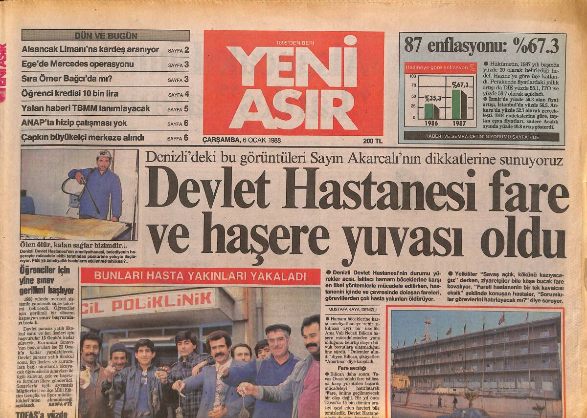 Yeni Asır Gazetesi 6 Ocak 1988 - Denizli'deki Devlet Hastanesi , Fare Ve Haşere Yuvası Oldu - Altınordu Beş Hazırlık Maçı Yapacak GZ133627 - 1
