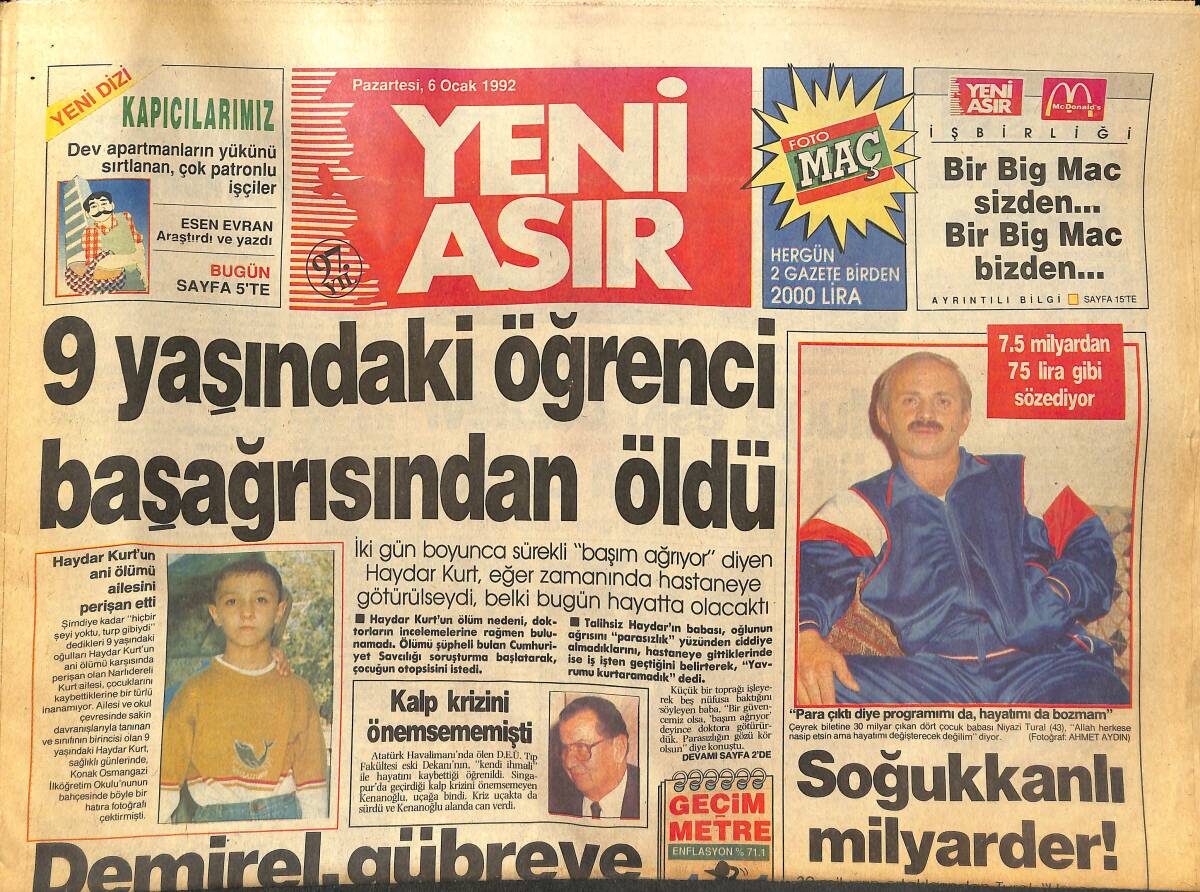 Yeni Asır Gazetesi 6 Ocak 1992 - Tofaş Yine Zam Yaptı - Tütün Piyasası Yarın Açılıyor GZ133572 - 1