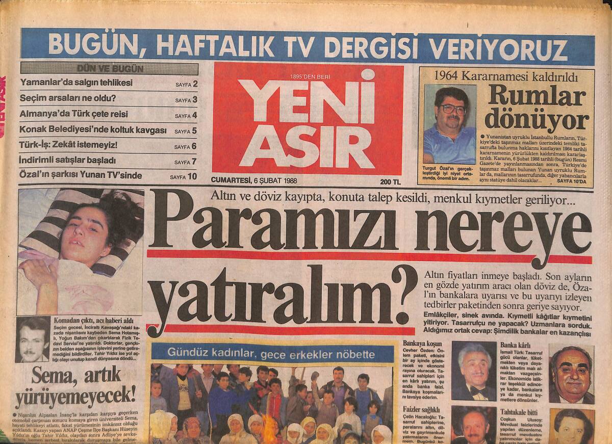 Yeni Asır Gazetesi 6 Şubat 1988 - Ali Çoban Sakatlandı - Sadi İplikçi Vefat Etti GZ133737 - 1