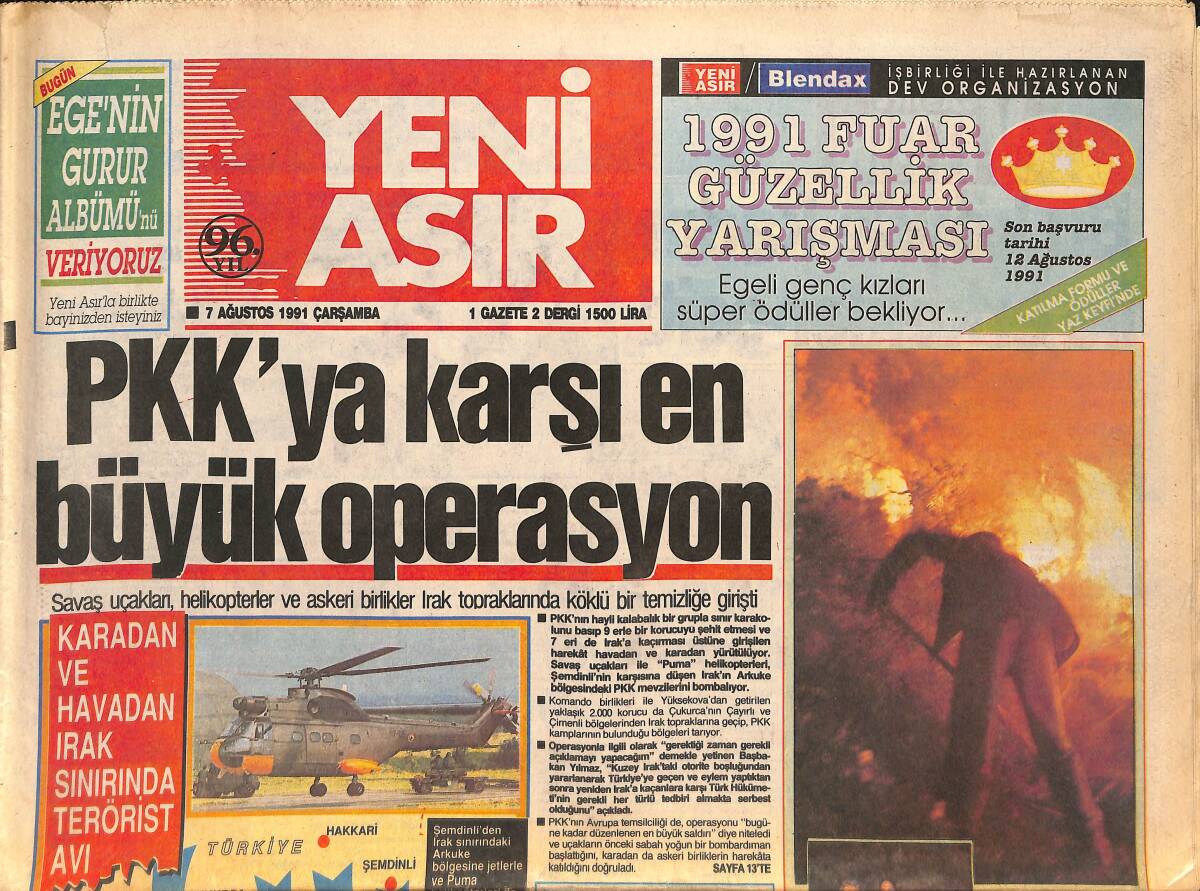 Yeni Asır Gazetesi 7 Ağustos 1991 - PKK'ya Karşı En Büyük Operasyon - Anap Baskın Seçim İçin Formül Arıyor - Cim Bom 