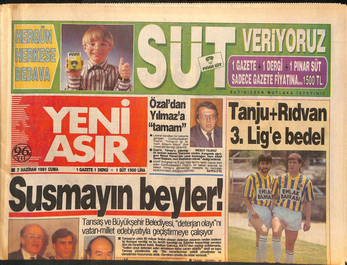 Yeni Asır Gazetesi 7 Haziran 1991 - Adnan Suvari'yi Kaybettik - Tanju+Rıdvan 3.Lig'e Bedel GZ134216 - 1