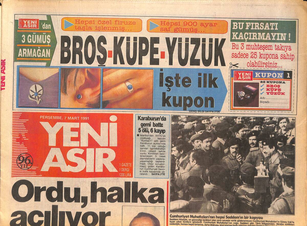 Yeni Asır Gazetesi 7 Mart 1991 - Semra Özal Tek Aday - Saddam İsyanı Bastırıyor ! GZ134068 - 1