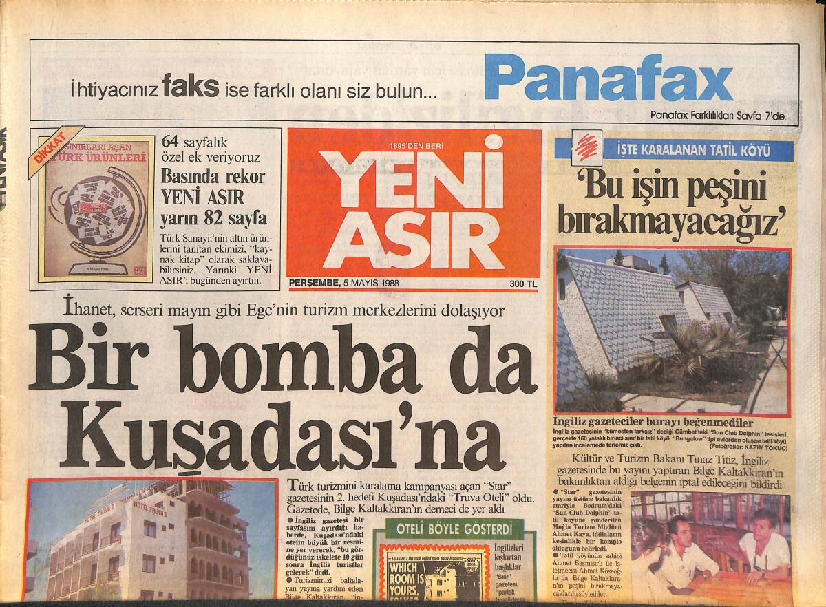 Yeni Asır Gazetesi 5 Mayıs 1988 - Bir Bomba da Kuşadası'na - Yeni Asır , Fao'ya Girdi GZ131550 - 1