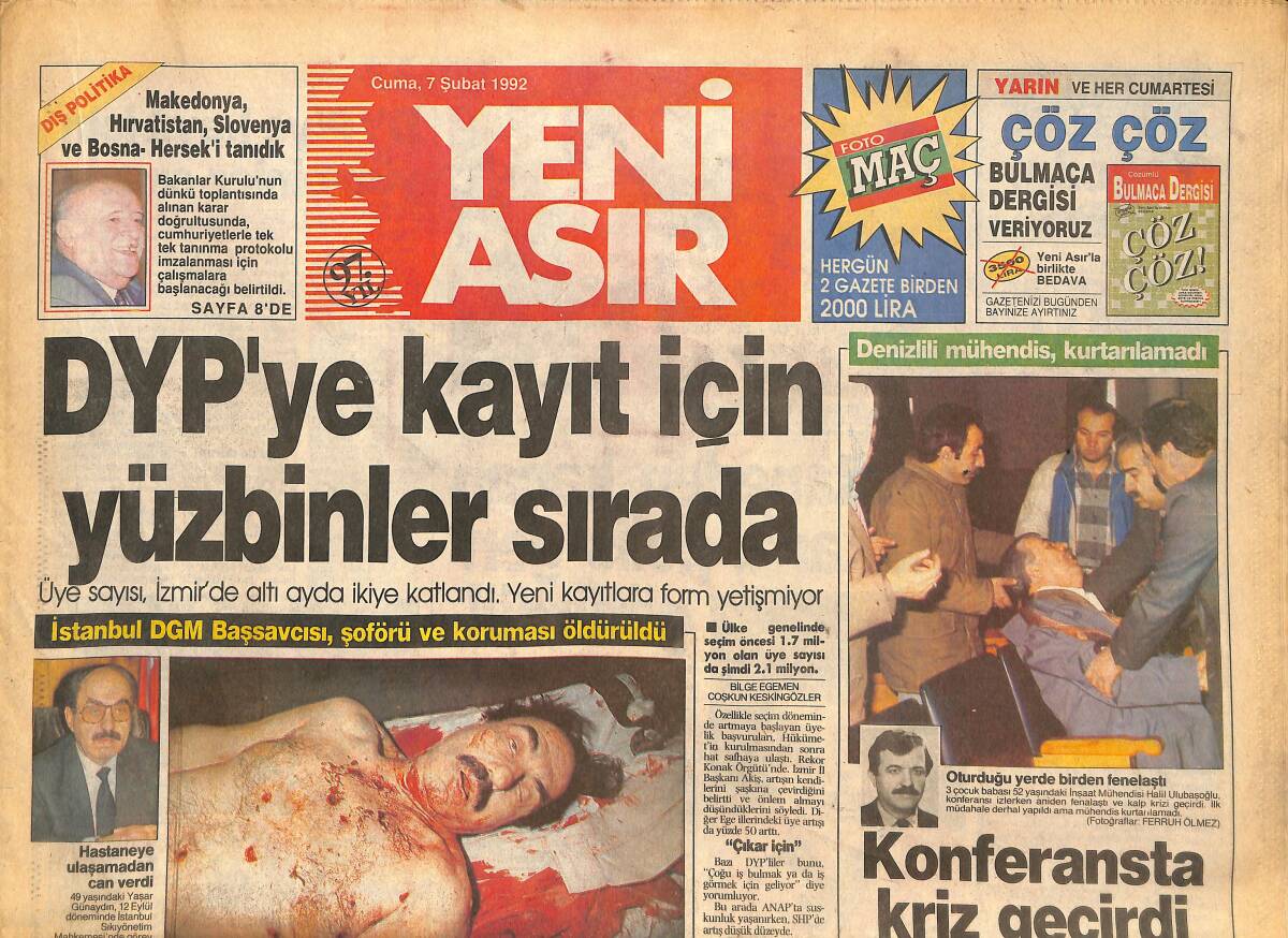 Yeni Asır Gazetesi 7 Şubat 1992 - PKK Almanya'ya Savaş İlan Etti - DYP'ye Kayıt İçin Yüzbinler Sırada GZ133749 - 1