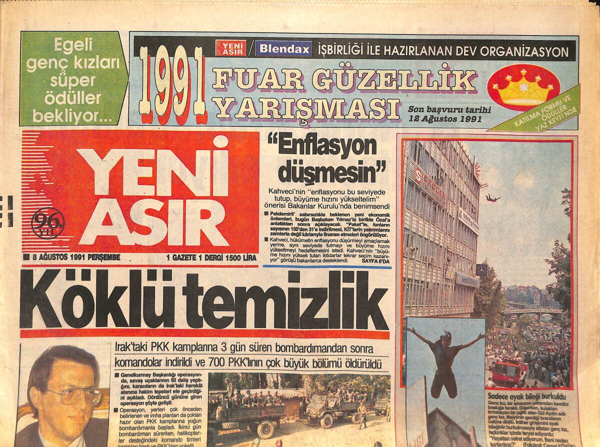 Yeni Asır Gazetesi 8 Ağustos 1991 - Ersin'e Özal'dan İcra Geldi - Talabani'den PKK'ya Ziyaret GZ133467 - 1