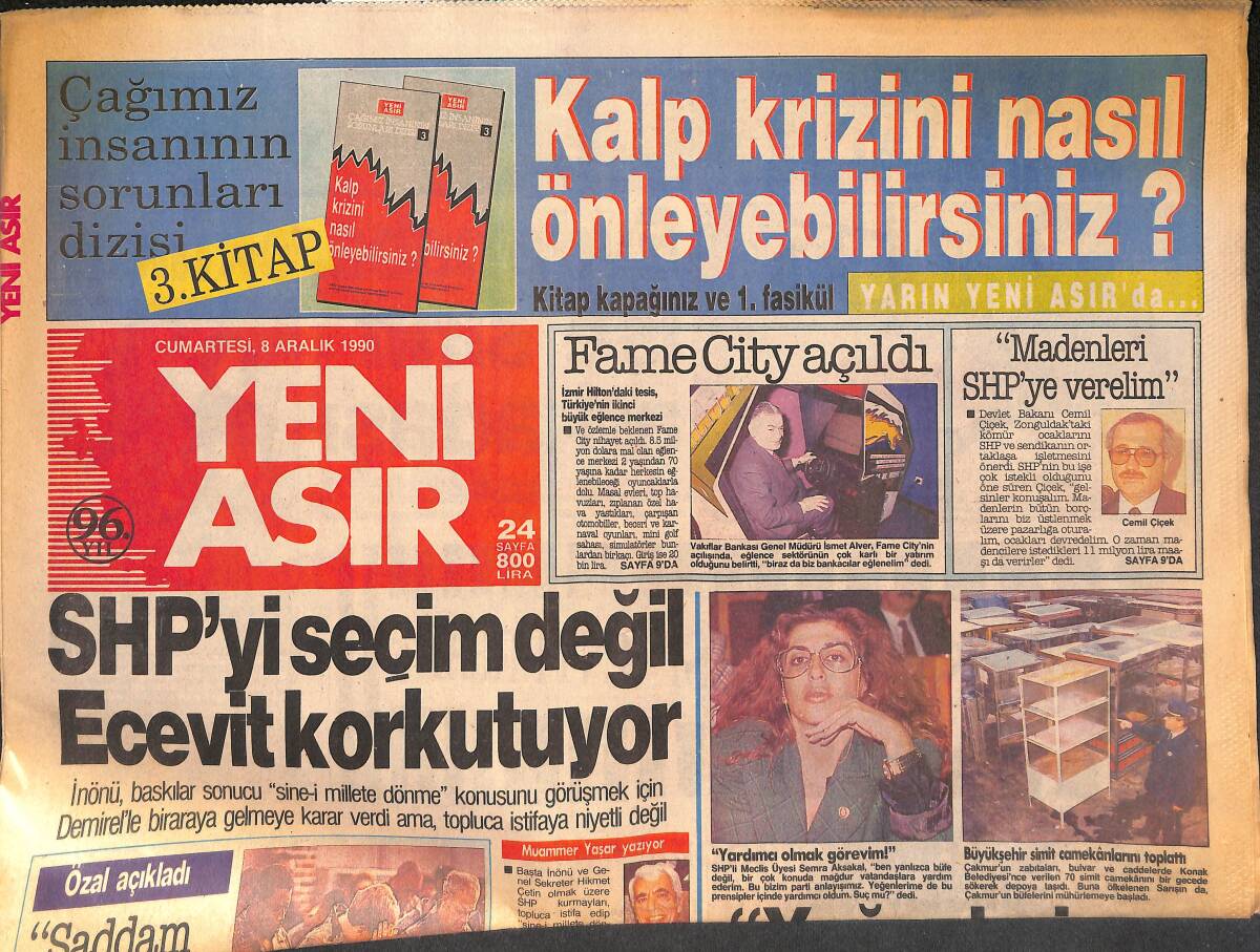 Yeni Asır Gazetesi 8 Aralık 1990 - SHP'yi Seçim Değil Ecev,t Korkutuyor - Fame City Açıldı GZ133449 - 1