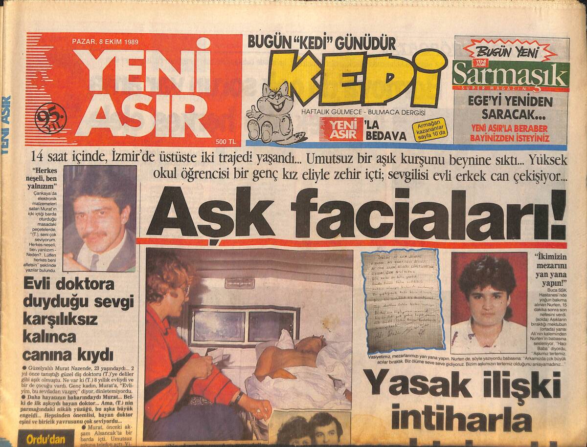 Yeni Asır Gazetesi 8 Ekim 1989 - Yasak İlişki İntiharla Sonladı - Memura %30 Zam - Ali Samiyende Büyük Derbi GZ132243 - 1