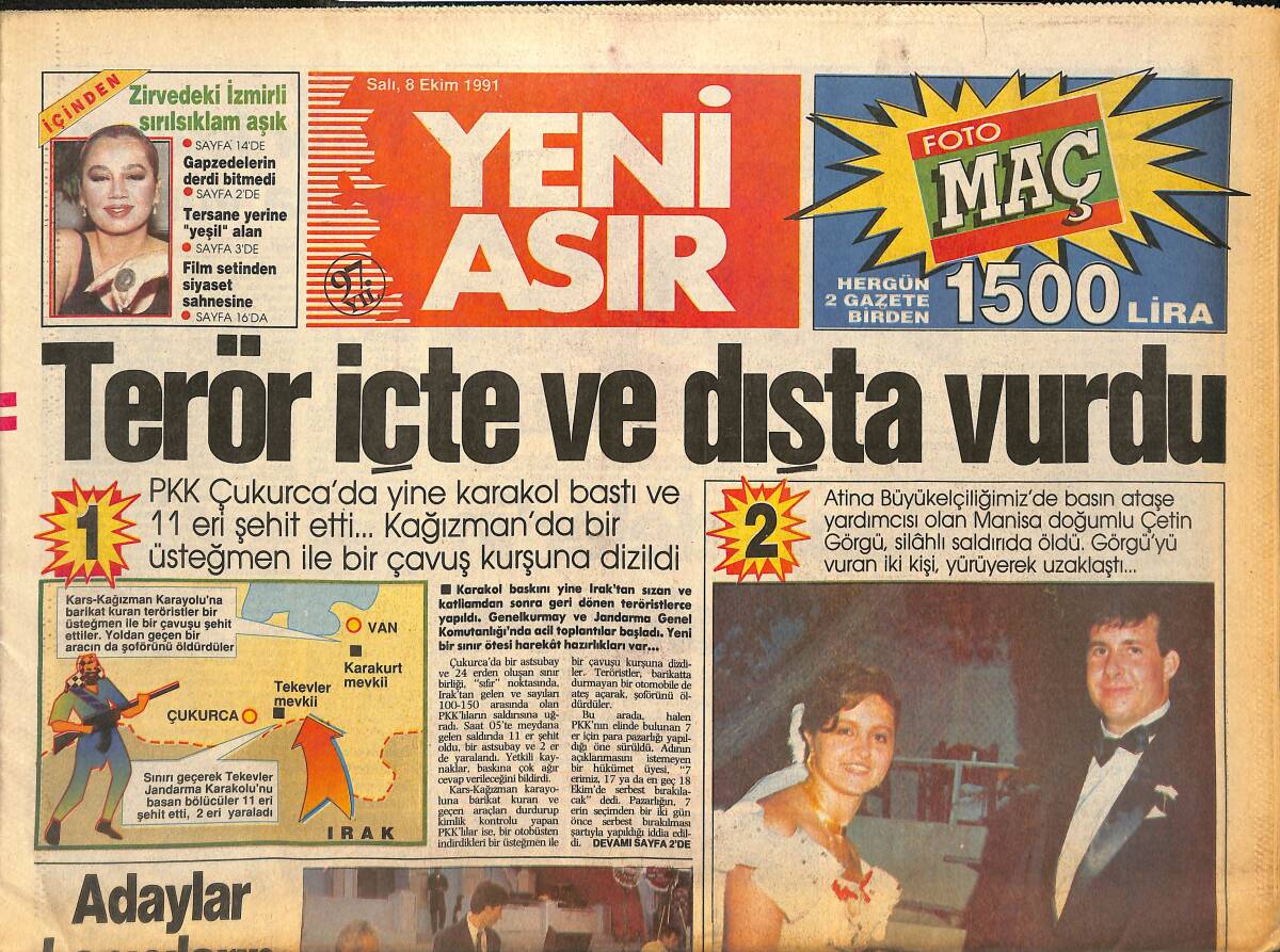 Yeni Asır Gazetesi 8 Ekim 1991 - Sezen Aksu Sırılsıklam Aşık - Demirel Çevreci Oldu GZ133678 - 1