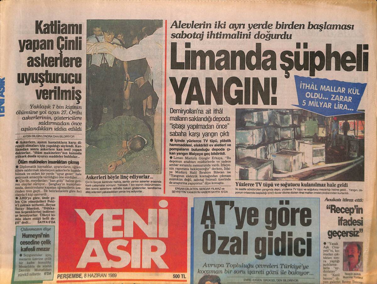 Yeni Asır Gazetesi 8 Haziran 1989 - Limanda Şüpheli Yangın! - Fenerbahçe'nin İşi Zor GZ132202 - 1