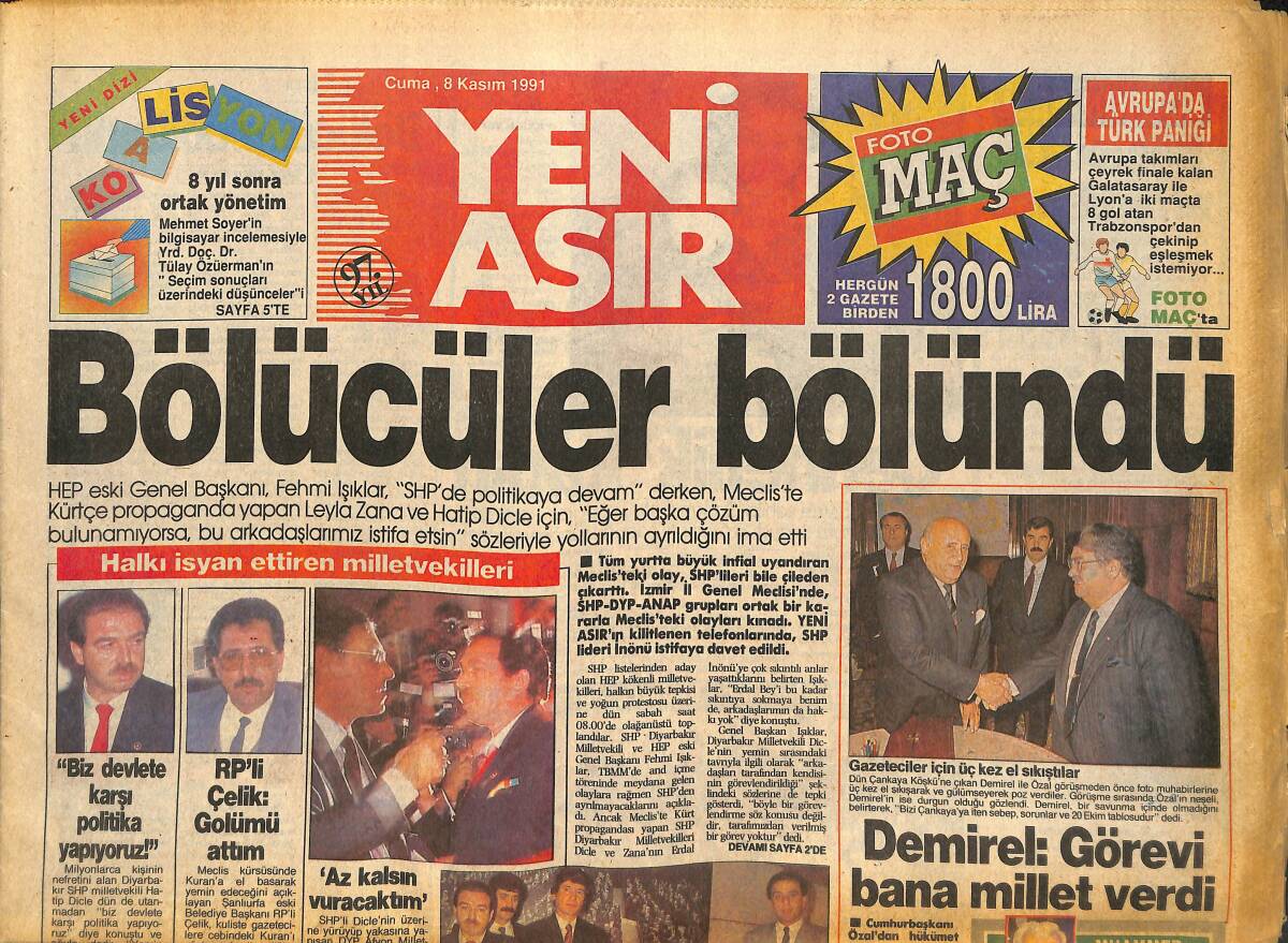 Yeni Asır Gazetesi 8 Kasım 1991 - Krom Kralı Kromer İsviçre'ye Kaçtı - Henry Moore İzmir'de GZ133775 - 1