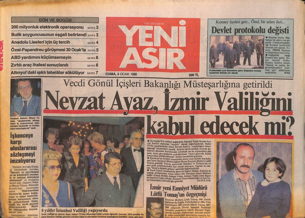 Yeni Asır Gazetesi 8 Ocak 1988 - İmren Aykut'a , Bakan Eşlerinden Güven Oyu - Nevzat Ayaz , İzmir Valiliğini Kabul Edecek Mi ? GZ133684 - 1