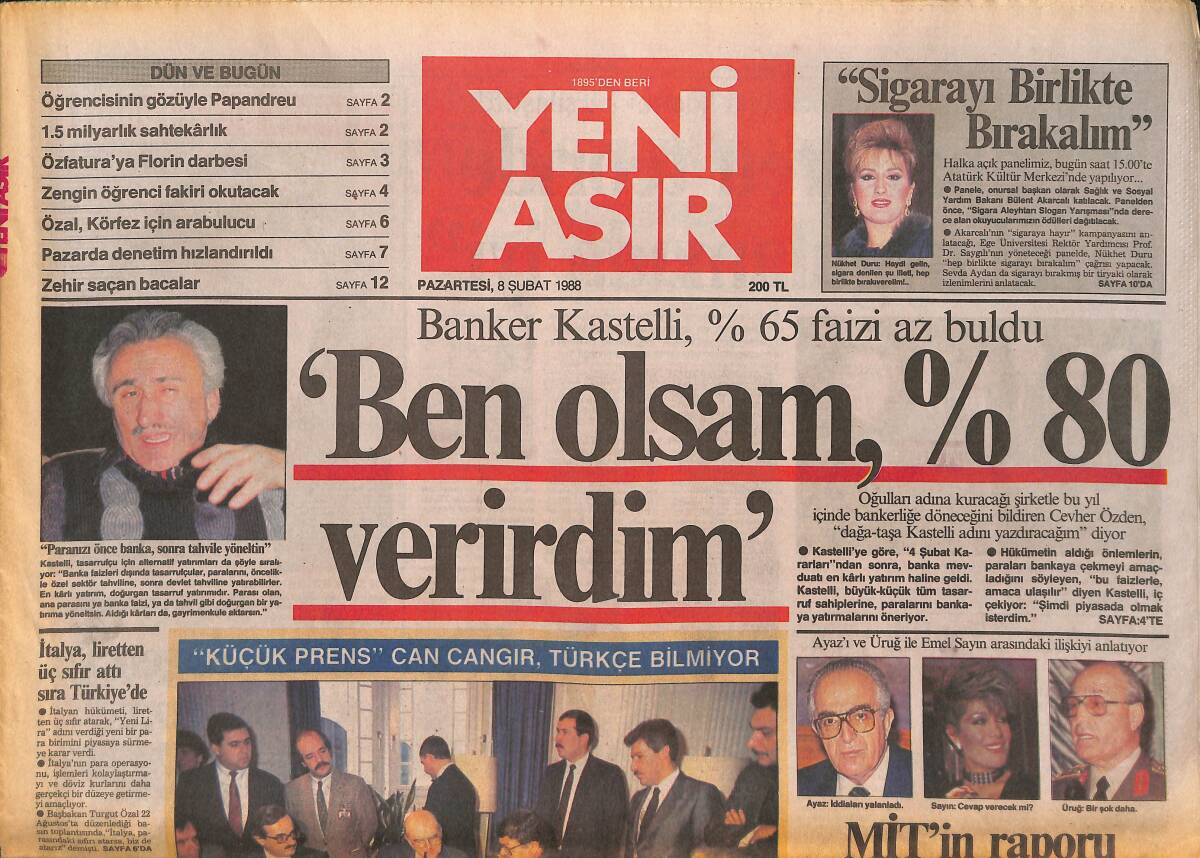 Yeni Asır Gazetesi 8 Şubat 1988 - Ege'de Artık Hayvanlar Şekerle Besleniyor - Nükhet Duru '' Sigarayı Birlikte Bırakalım '' GZ133735 - 1