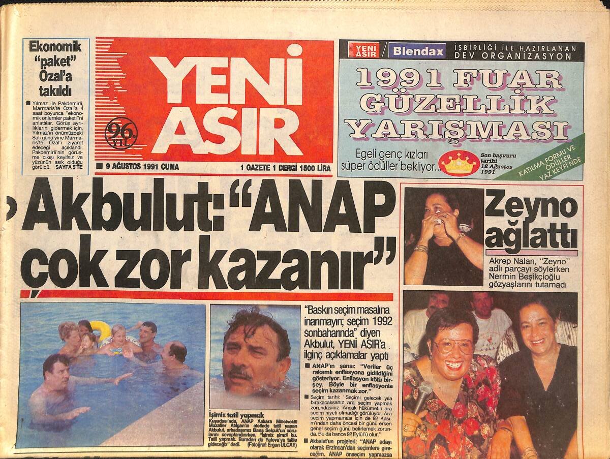 Yeni Asır Gazetesi 9 Ağustos 1991 - Akbulut : '' ANAP Çok Zor Kazanır '' - Erken Seçim 24 Kasım 'da GZ134217 - 1