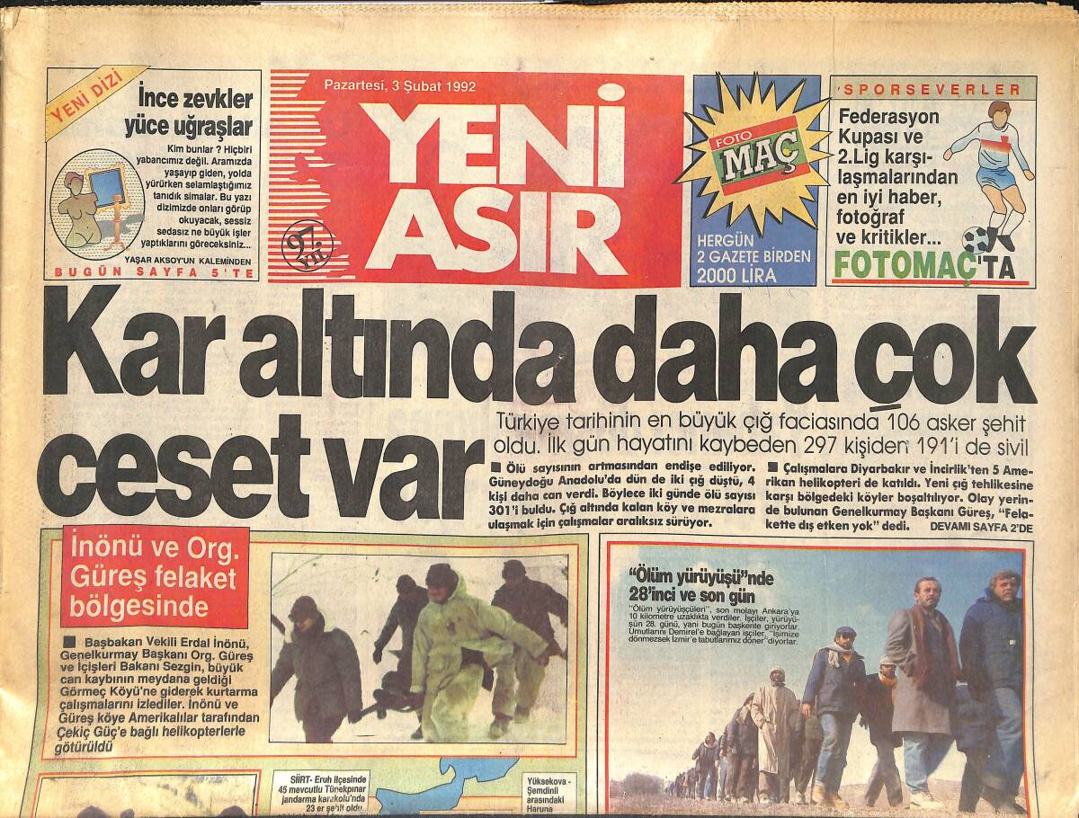 Yeni Asır Gazetesi 3 Şubat 1992 - Türk Liderler Davos'ta Buluştu - Çakmur Devredışı Bırakıldı GZ131613 - 1