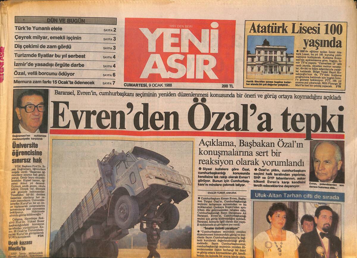 Yeni Asır Gazetesi 9 Ocak 1988 - Bülent Ersoy'un Yasağı Bitti - Evren'den Özal'a Tepki GZ133686 - 1