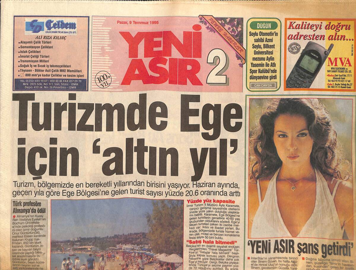 Yeni Asır Gazetesi 9 Temmuz 1995 - Türk Profesör Almanya'da Ödül Aldı - Turizm'de Ege İçin 