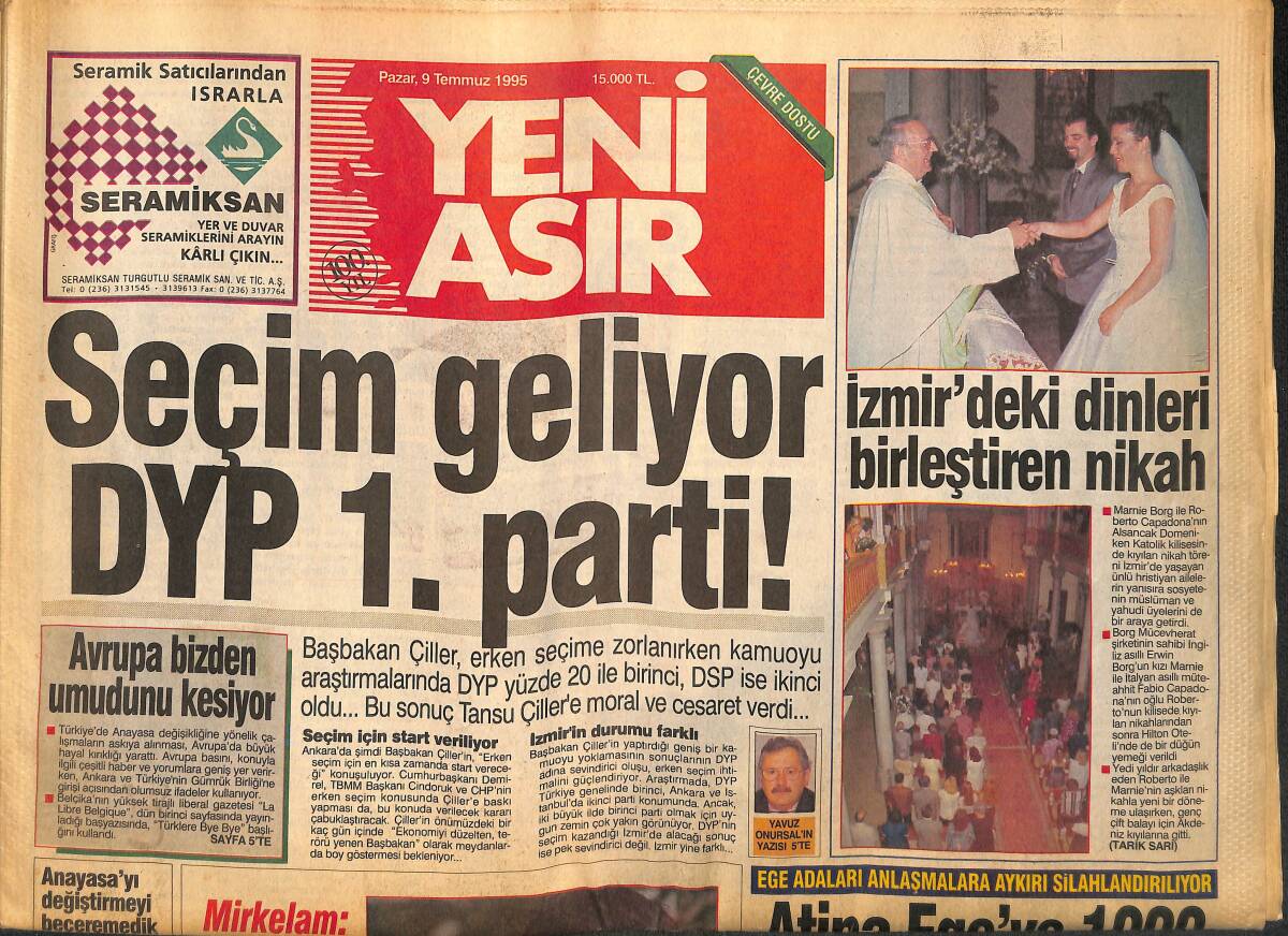 Yeni Asır Gazetesi 9 Temmuz 1995 - Vuruldu Söylentileri Bülent Ersoy'u Kızdırdı - İzulaş ; Borçtan Reklamla Kurtuldu GZ133800 - 1