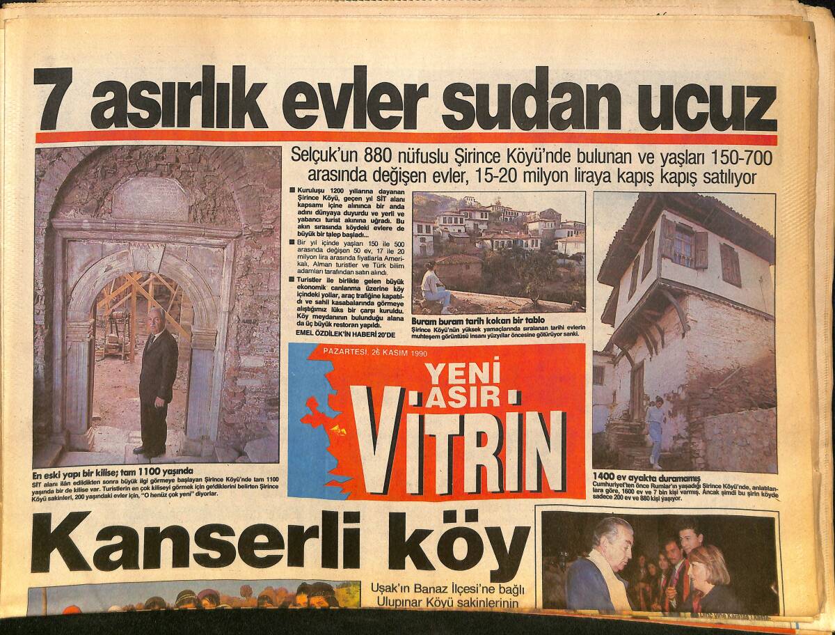 Yeni Asır Gazetesi Vitrin Eki 26 Kasım 1990 - 7 Asırlık Evler Sudan Ucuz - Kanserli Köy GZ134257 - 1